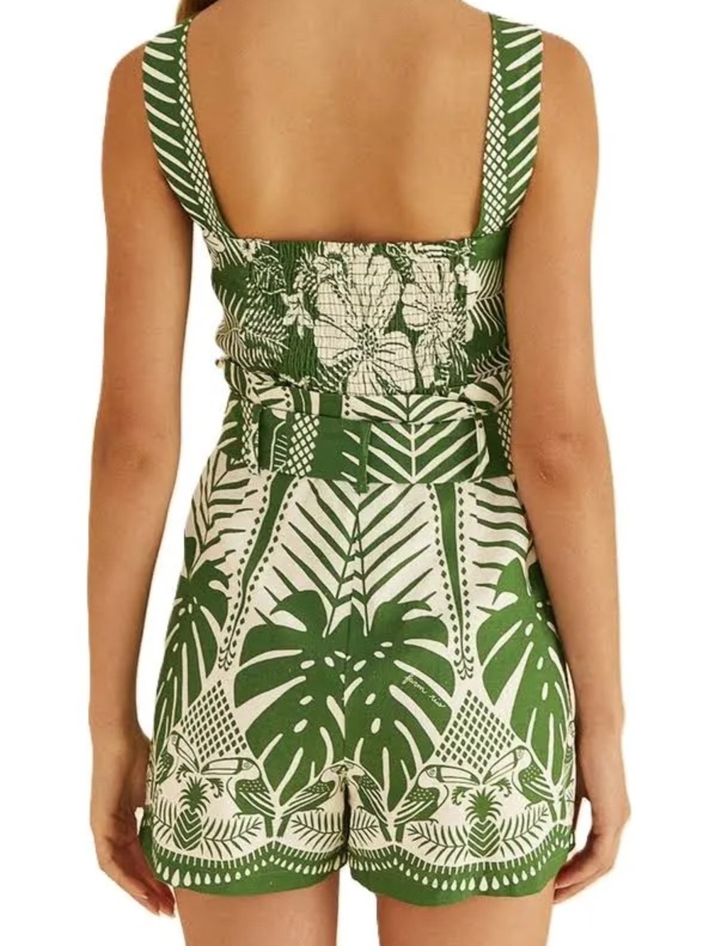 Farm Rio Green & White Tropical Print Romper with Beaded Belt and Pockets - Picture 13 of 17
